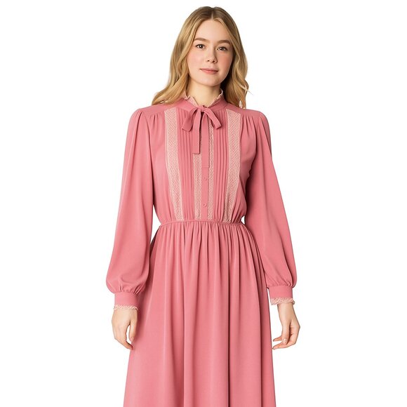 DISCOVERY I x VINTAGE long sleeve tie neck pearl button sheer dress in pink lace - Picture 1 of 13